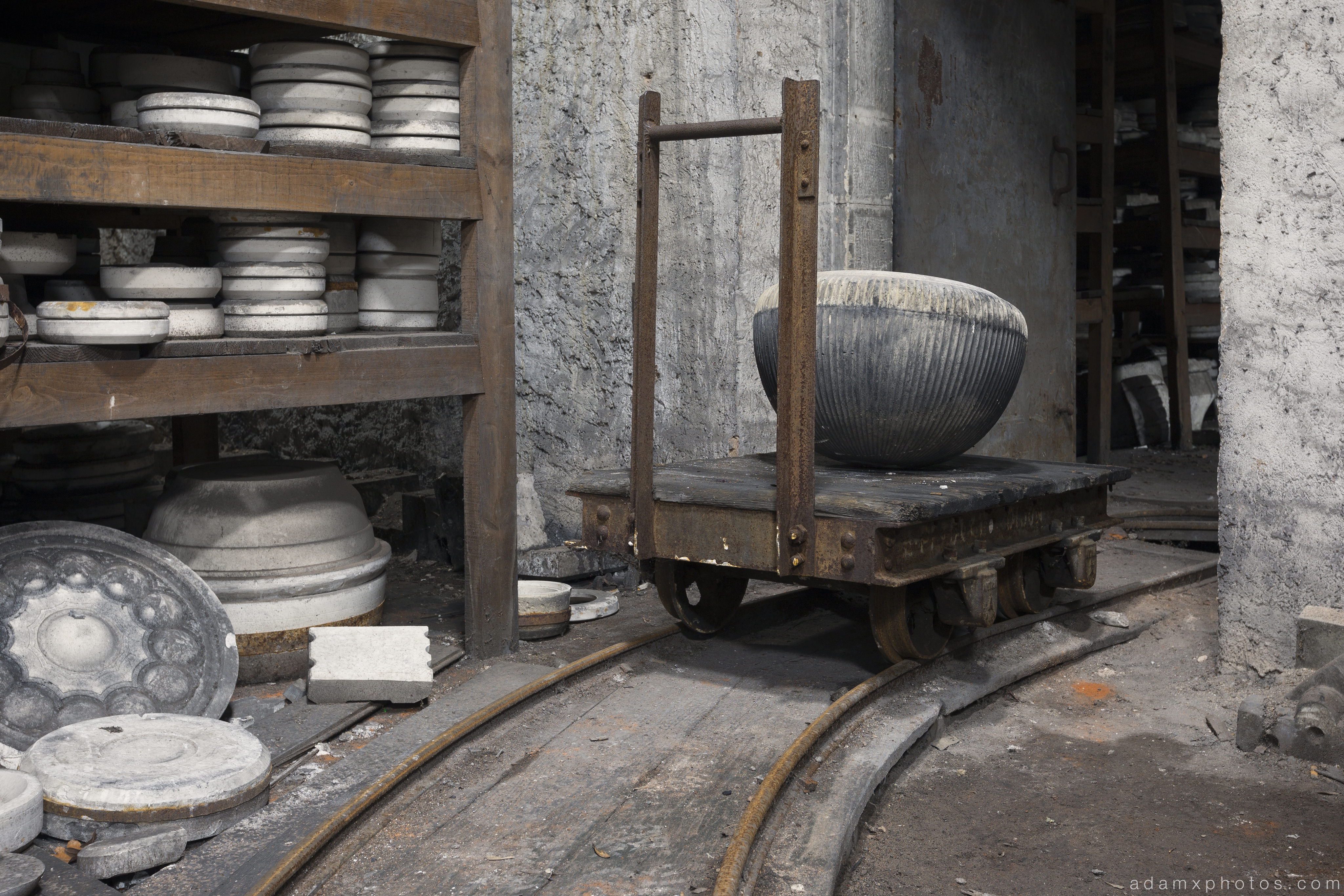 Faiencerie S Poterie S trolley cart bowls Poterie DGM Urbex Pottery ceramics ceramic factory France Adam X Urban Exploration Access 2016 Abandoned decay lost forgotten derelict location