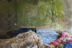 Bed duvet sheets green decaying wall Grand Hotel Atlantis Urbex Germany Adam X Urban Exploration Access 2016 Abandoned decay lost forgotten derelict location Deutschland