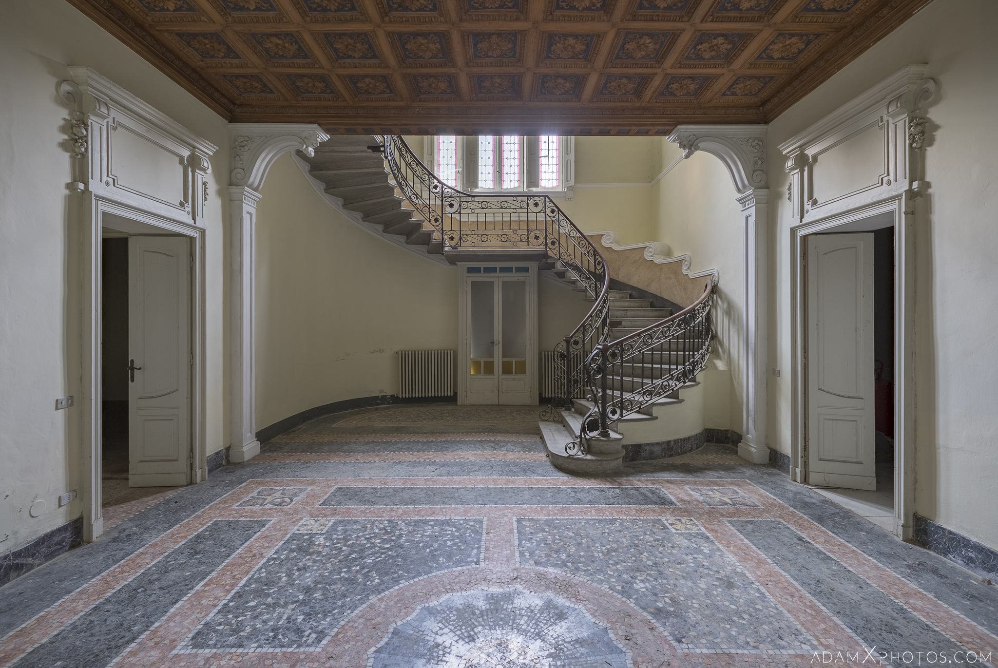 Hallway entrance grand stairs staircase ornate ceiling tiles tiled floor Villa Margherita Night Camping Urbex Adam X Urban Exploration Italy Italia Access 2016 Abandoned decay lost forgotten derelict location creepy haunting eerie