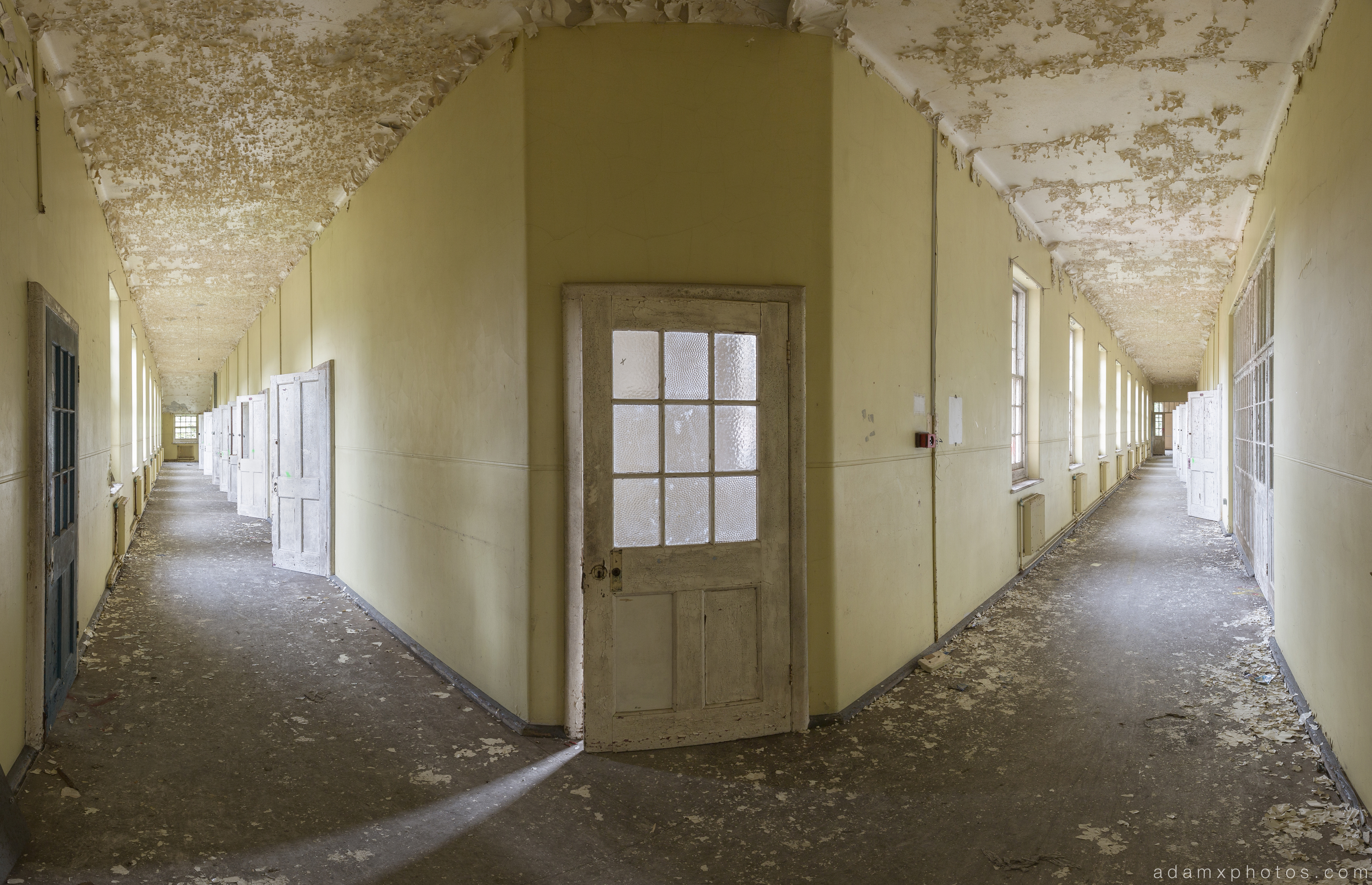 twin corridors peeling paint Severalls Mental Asylum Hospital Sevs Urbex Adam X Urban Exploration Access 2016 Abandoned decay lost forgotten derelict location creepy haunting eerie