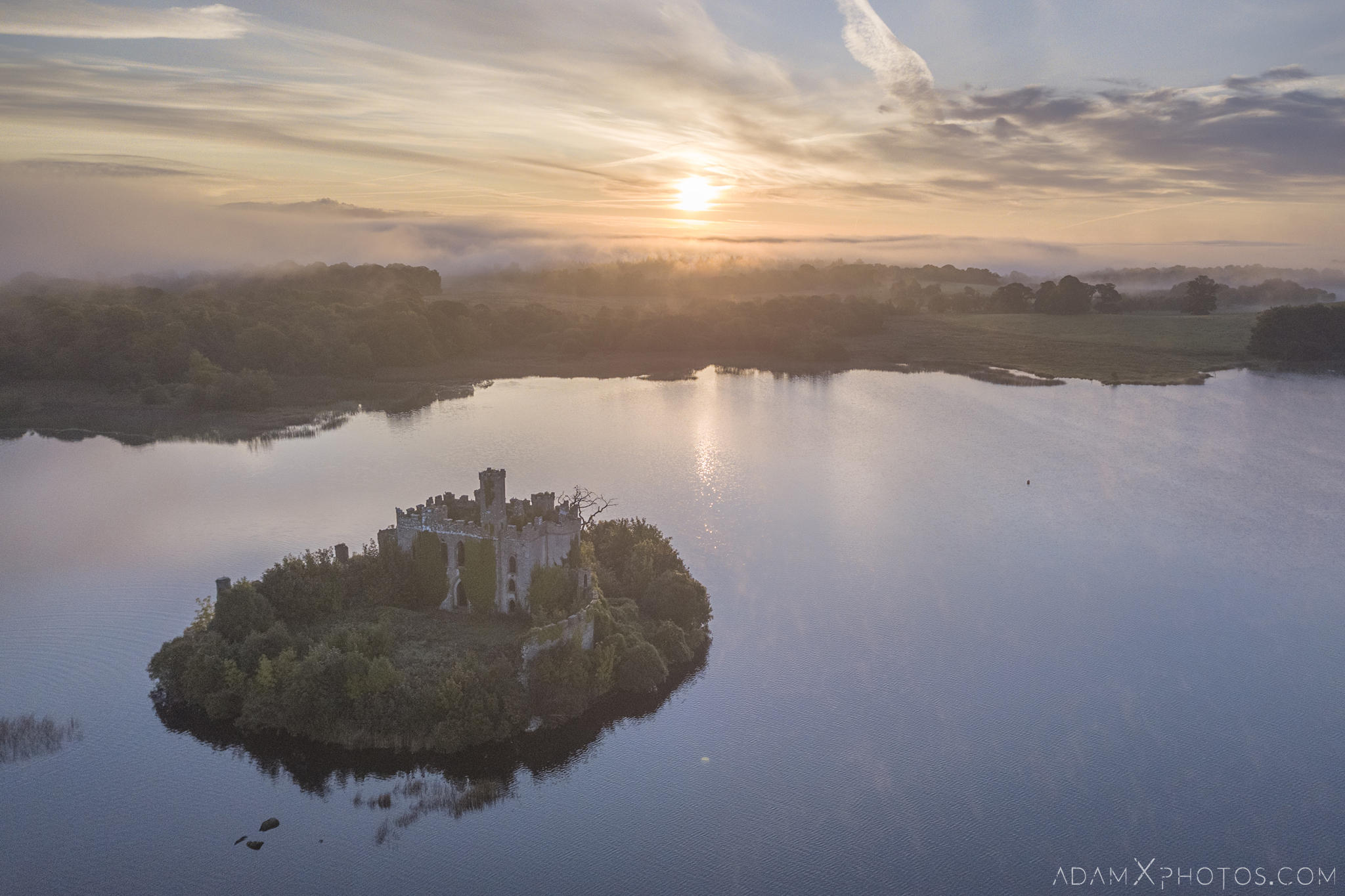 Sunset Aerial Drone from above McDermott's Castle Ruin Shell Lough Key Castle Island Overgrown when nature takes over County Roscommon Adam X Urbex Urban Exploration Ireland Access 2017 Abandoned decay lost forgotten derelict location creepy haunting eerie