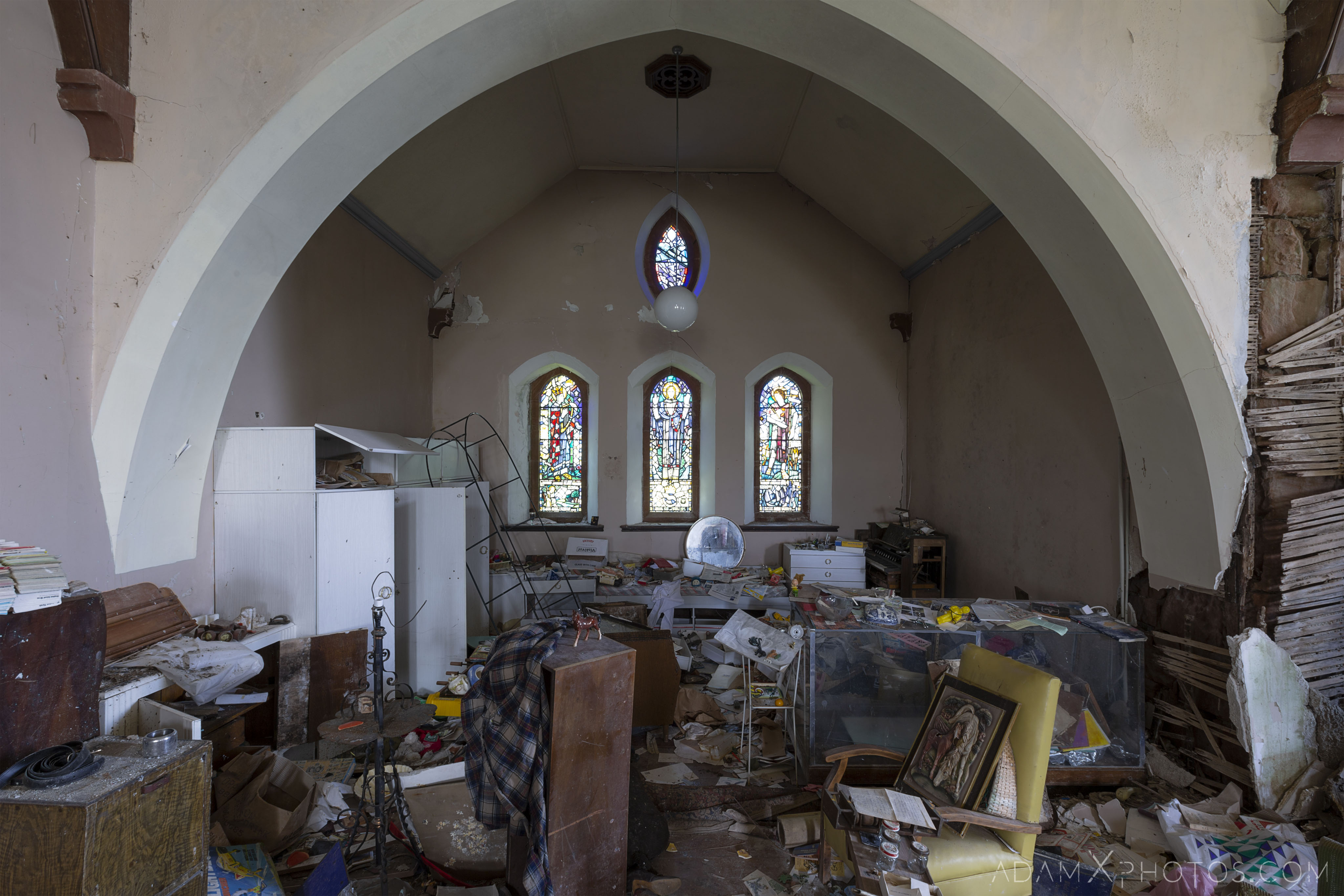 back of hall soft toys ornaments books stained glass windows Elvanfoot Parish Church Hoarder Hoarders Church Adam X Urbex Urban Exploration Access 2018 Abandoned decay lost forgotten derelict location creepy haunting eerie