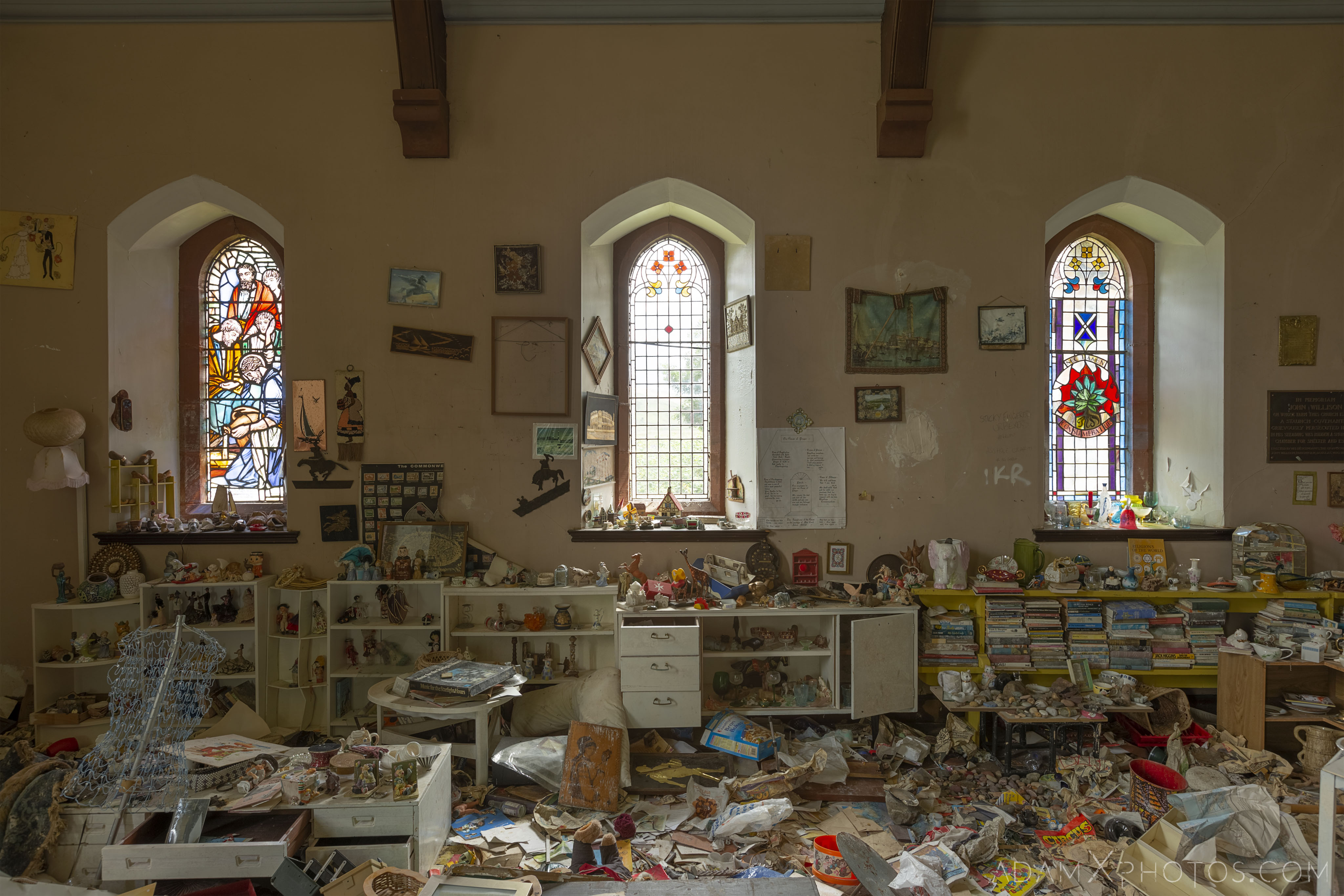 toys ornaments books stained glass windows Elvanfoot Parish Church Hoarder Hoarders Church Adam X Urbex Urban Exploration Access 2018 Abandoned decay lost forgotten derelict location creepy haunting eerie