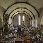 main hall bed soft toys ornaments books stained glass windows Elvanfoot Parish Church Hoarder Hoarders Church Adam X Urbex Urban Exploration Access 2018 Abandoned decay lost forgotten derelict location creepy haunting eerie