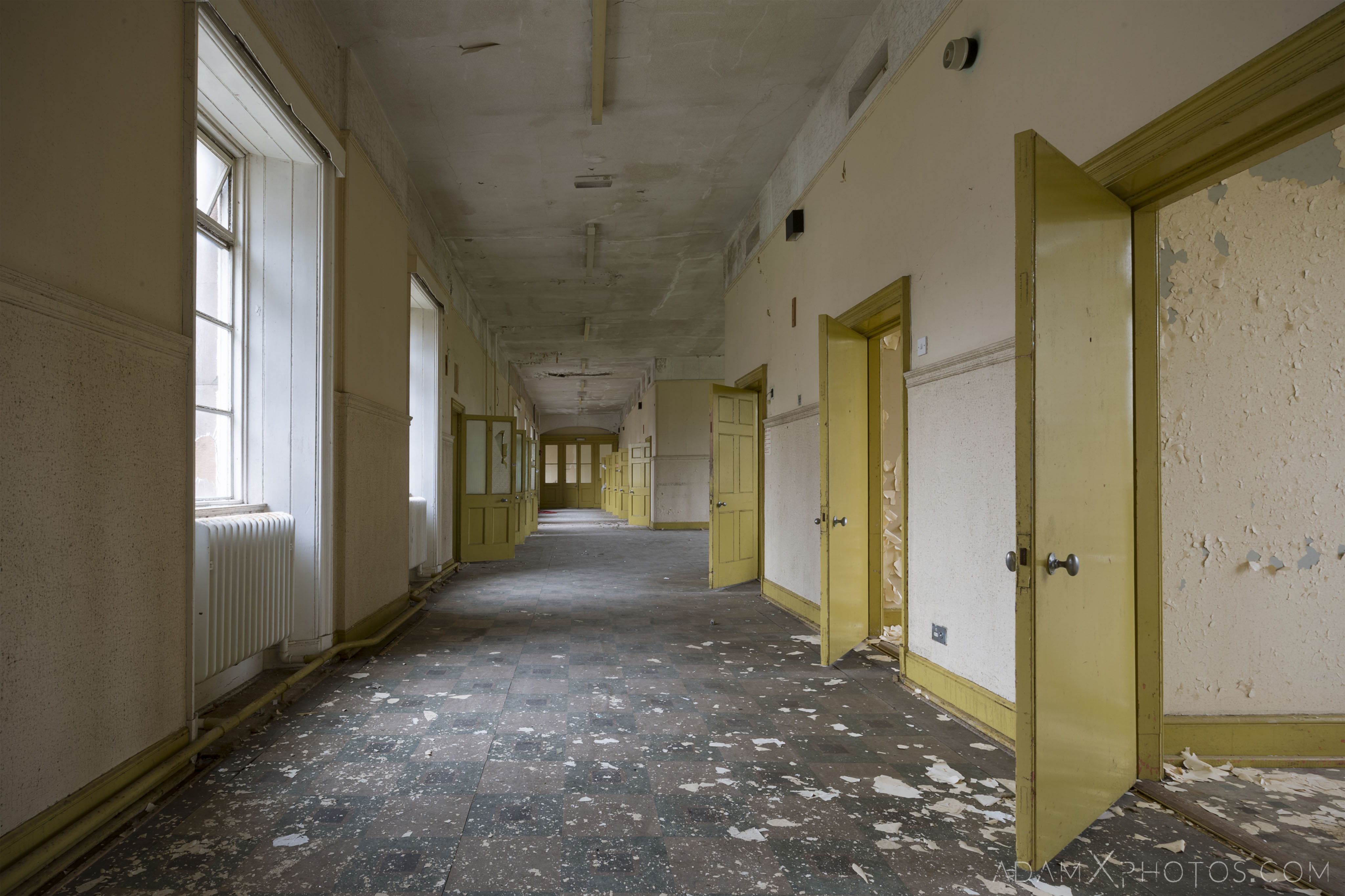 Corridor yellow wards Sunnyside Royal Hospital Montrose Scotland Adam X Urbex Urban Exploration Access 2018 Abandoned decay ruins lost forgotten derelict location creepy haunting eerie