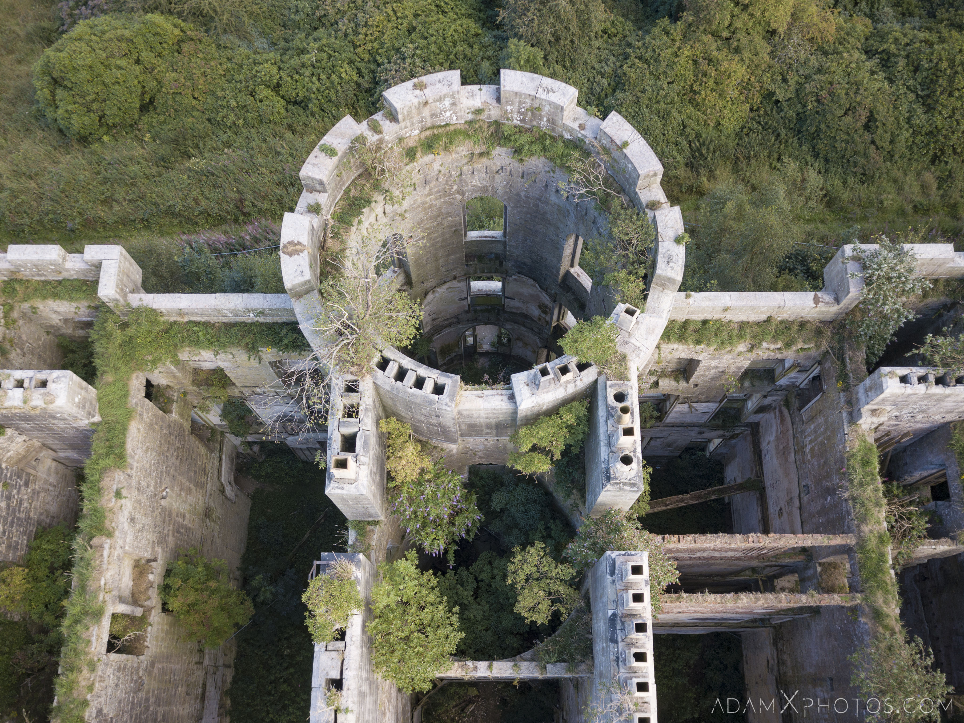 Turret overgrown rotting Drone Mavic from above aerial view Dalquharran Castle Ayrshire Scotland Adam X Urbex Urban Exploration Access 2018 Abandoned decay ruins lost forgotten derelict location creepy haunting eerie