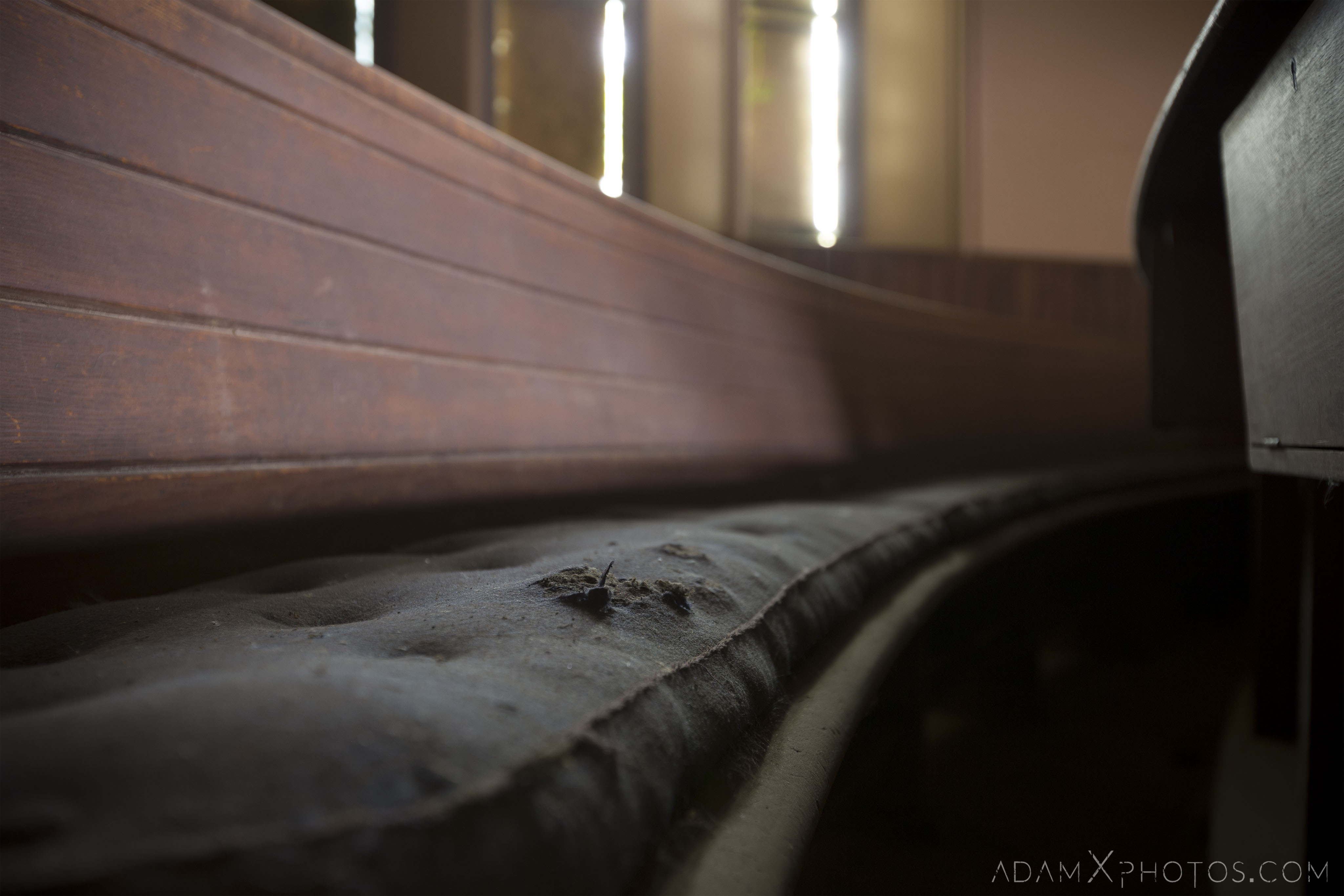Pew detail Main Hall stained glass windows wooden balcony pews St Aidan's Church Galashiels Scotland Circle Church Adam X Urbex Urban Exploration Access 2018 Abandoned decay ruins lost forgotten derelict location creepy haunting eerie