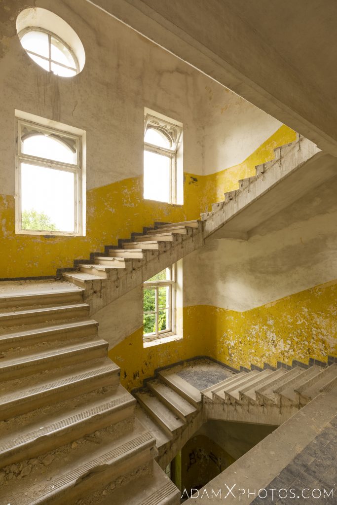 stairwell stairs staircase yellow white Hajmaskér Barracks Hungary Adam X Urbex Urban Exploration Access 2018 Abandoned decay ruins lost forgotten derelict location creepy haunting eerie