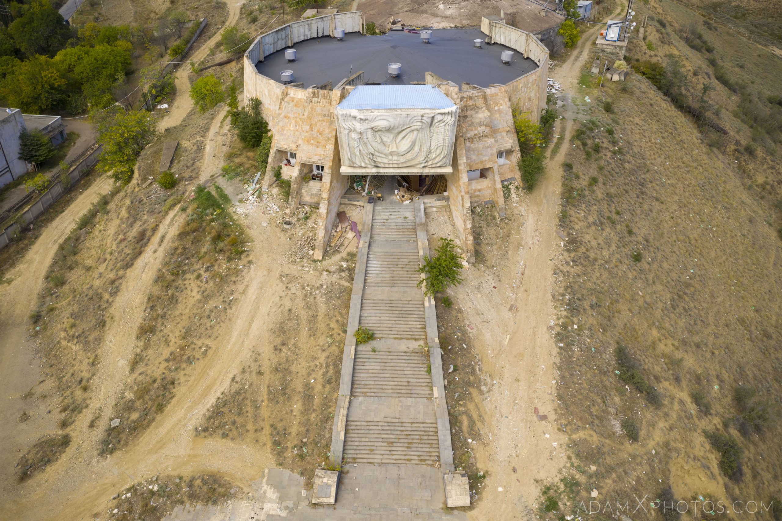 Drone Aerial from above Front entrance Soviet Monument Archeological Museum Tbilisi Georgia Soviet era Adam X Urbex Urban Exploration 2018 Abandoned Access History decay ruins lost forgotten derelict location creepy haunting eerie security
