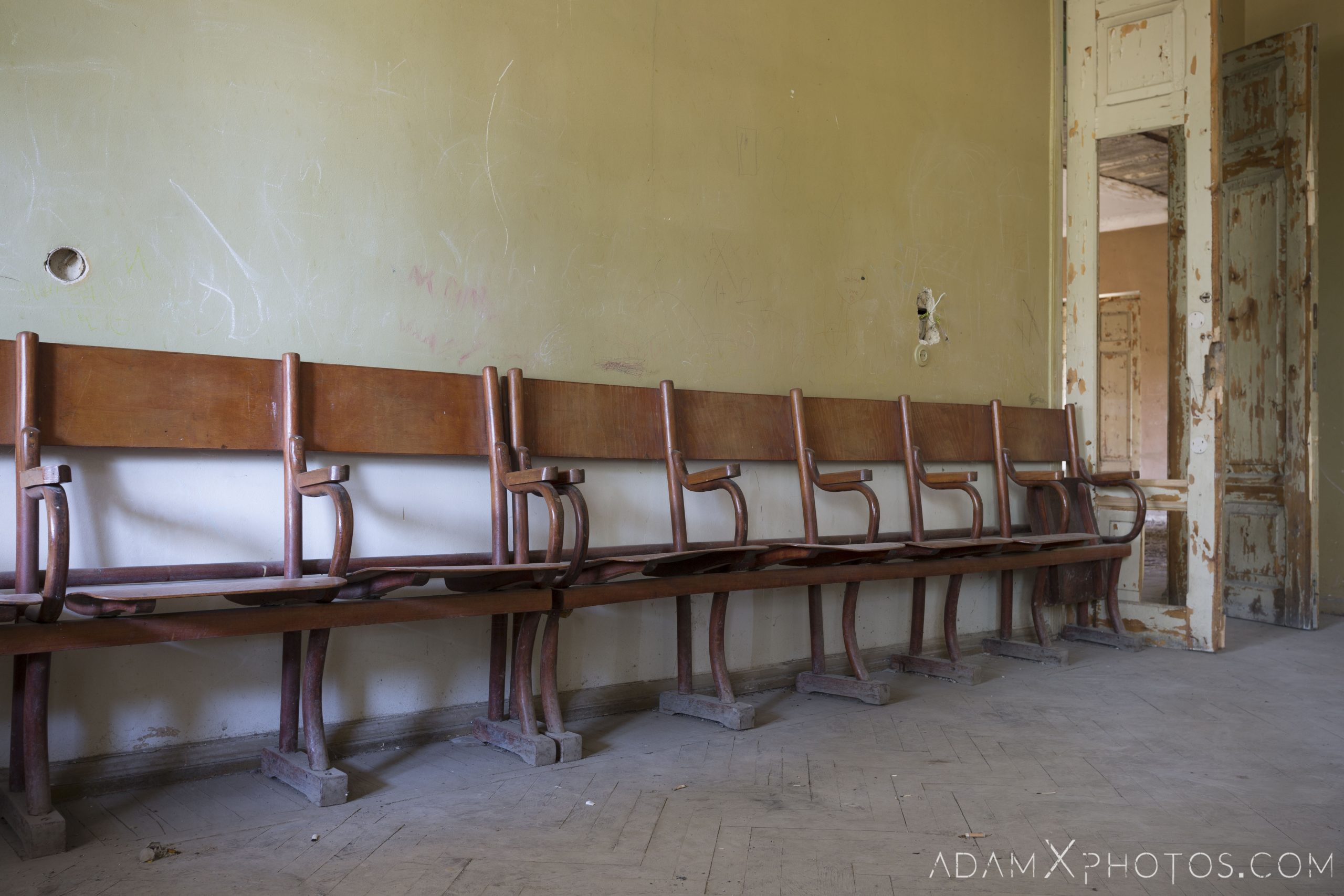 Old wooden chairs House of Culture Palace Blue rural Soviet era Georgia Adam X AdamXPhotos Urbex Urban Exploration 2018 Abandoned Access History decay ruins lost forgotten derelict location creepy haunting eerie security