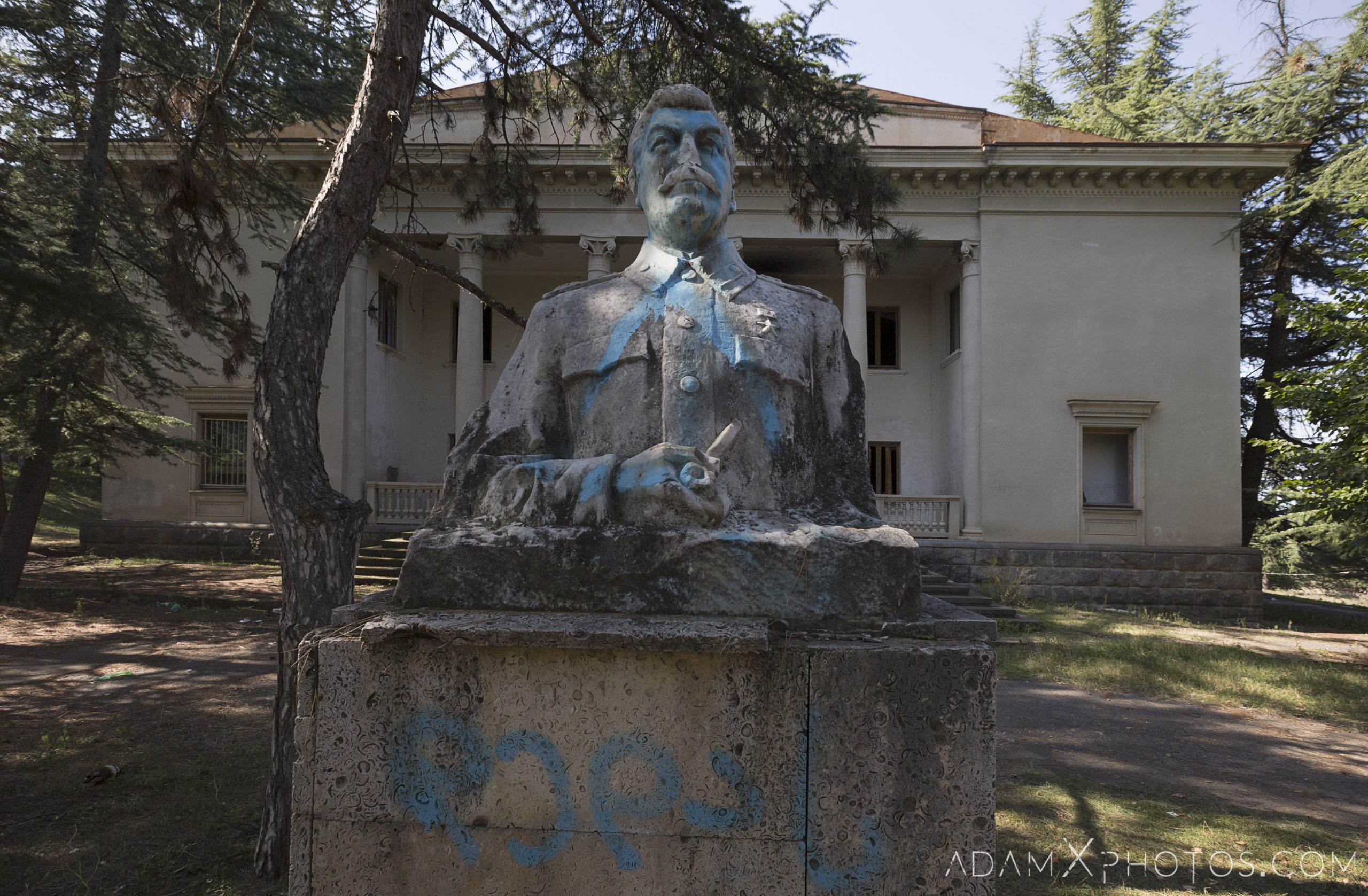 Stalin Front outside exterior external statue defaced House of Culture Palace Blue rural Soviet era Georgia Adam X AdamXPhotos Urbex Urban Exploration 2018 Abandoned Access History decay ruins lost forgotten derelict location creepy haunting eerie security