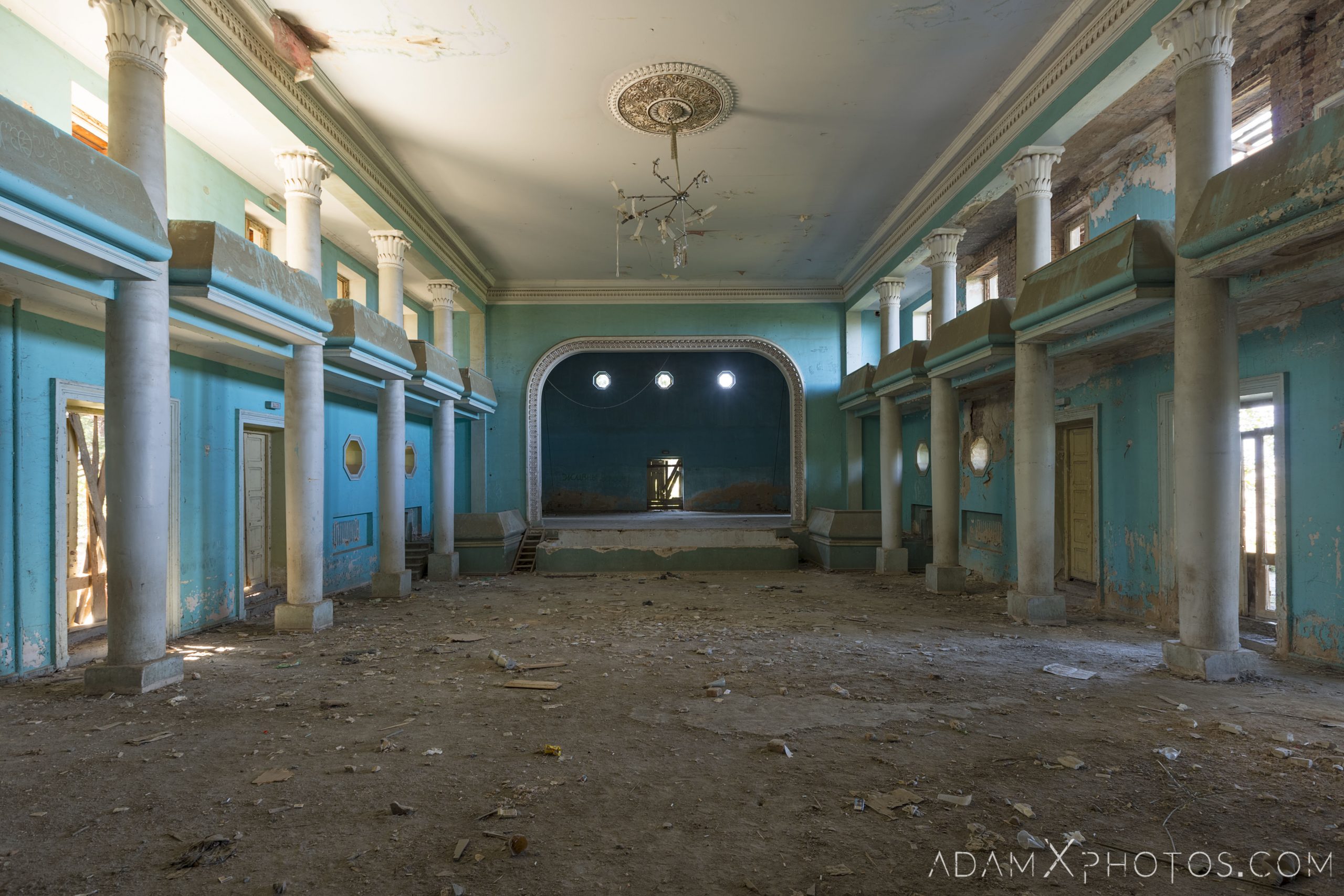 main hall and stage House of Culture Palace Blue rural Soviet era Georgia Adam X AdamXPhotos Urbex Urban Exploration 2018 Abandoned Access History decay ruins lost forgotten derelict location creepy haunting eerie security